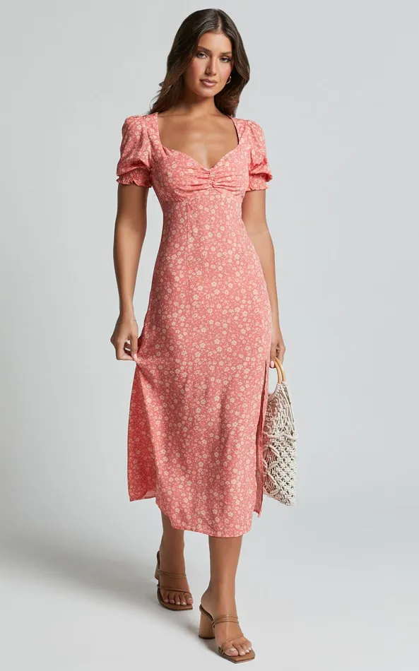 Showpo Marcel Midi Dress 8211 Sweetheart Puff Sleeve Thigh Split Dress In Coral Women Dresses