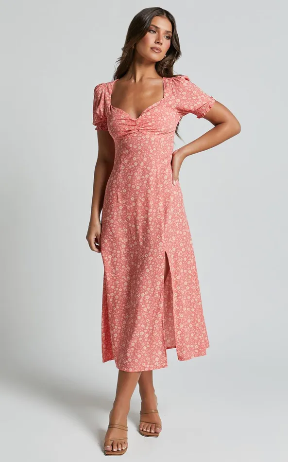 Showpo Marcel Midi Dress 8211 Sweetheart Puff Sleeve Thigh Split Dress In Coral Women Dresses