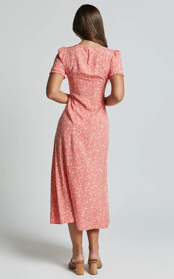 Showpo Marcel Midi Dress 8211 Sweetheart Puff Sleeve Thigh Split Dress In Coral Women Dresses