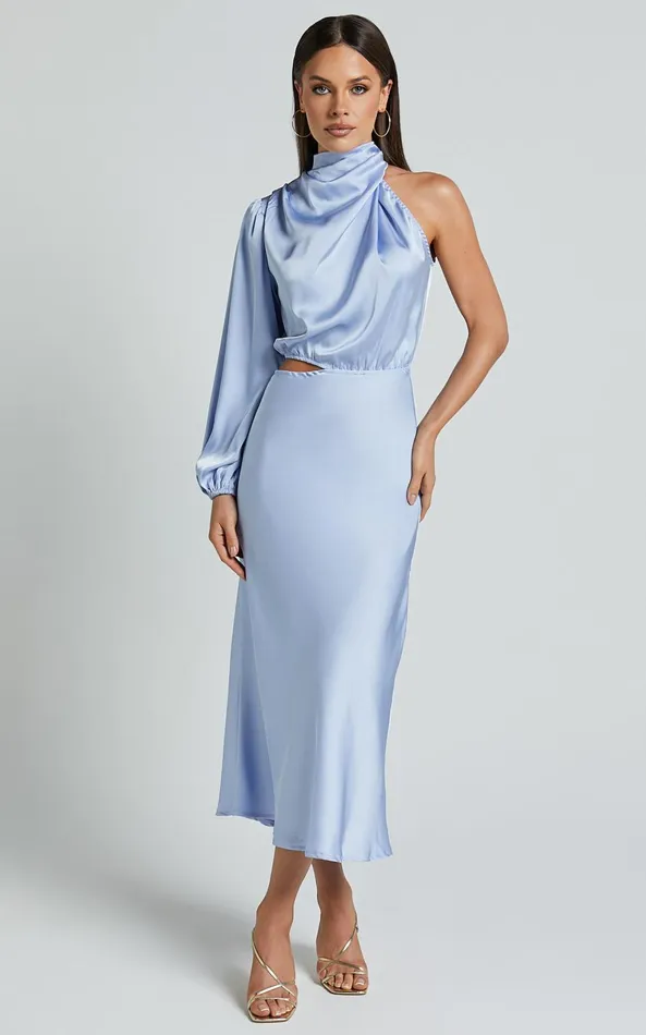 Showpo Marcela Midi Dress 8211 Drape Neck One Sleeve Satin Bias Cut Dress In Light Blue Women Dresses Showpo Marcela Midi Dress 8211 Drape Neck One Sleeve Satin Bias Cut Dress In Light Blue Women Dresses