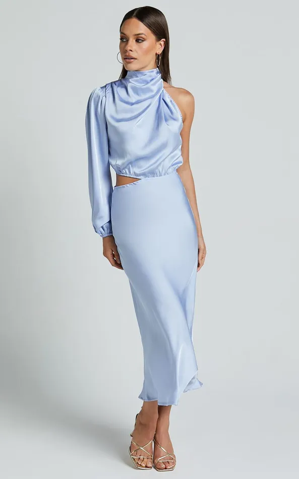 Showpo Marcela Midi Dress 8211 Drape Neck One Sleeve Satin Bias Cut Dress In Light Blue Women Dresses