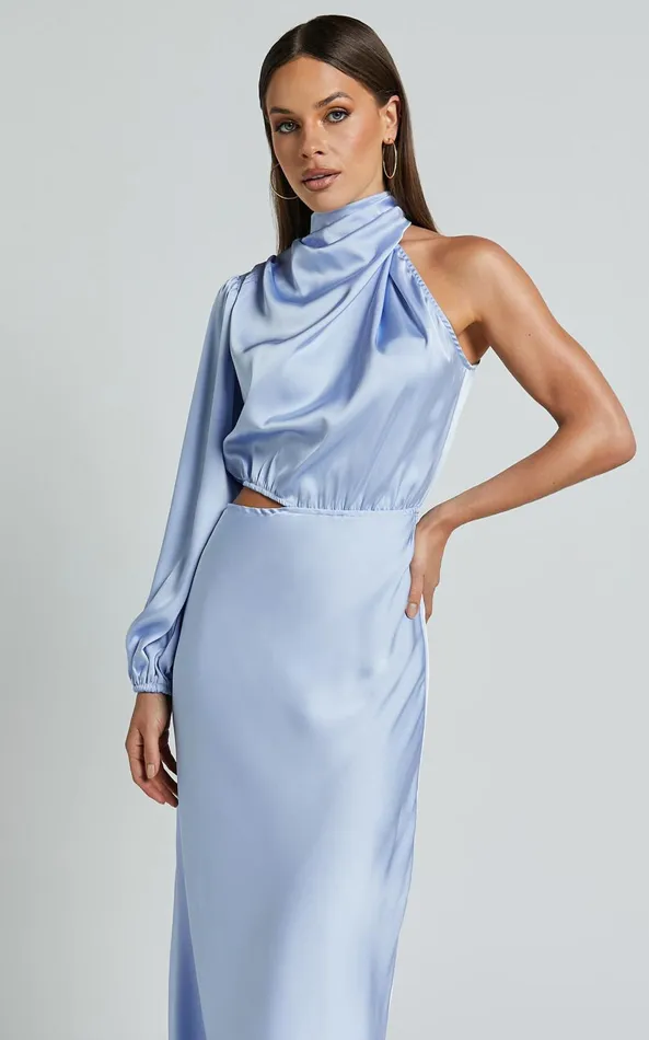 Showpo Marcela Midi Dress 8211 Drape Neck One Sleeve Satin Bias Cut Dress In Light Blue Women Dresses