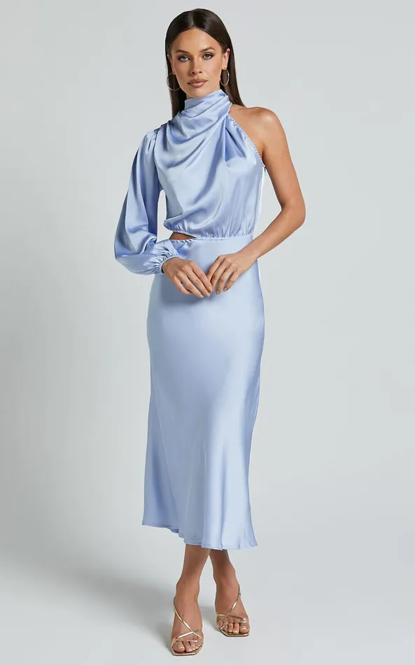 Showpo Marcela Midi Dress 8211 Drape Neck One Sleeve Satin Bias Cut Dress In Light Blue Women Dresses