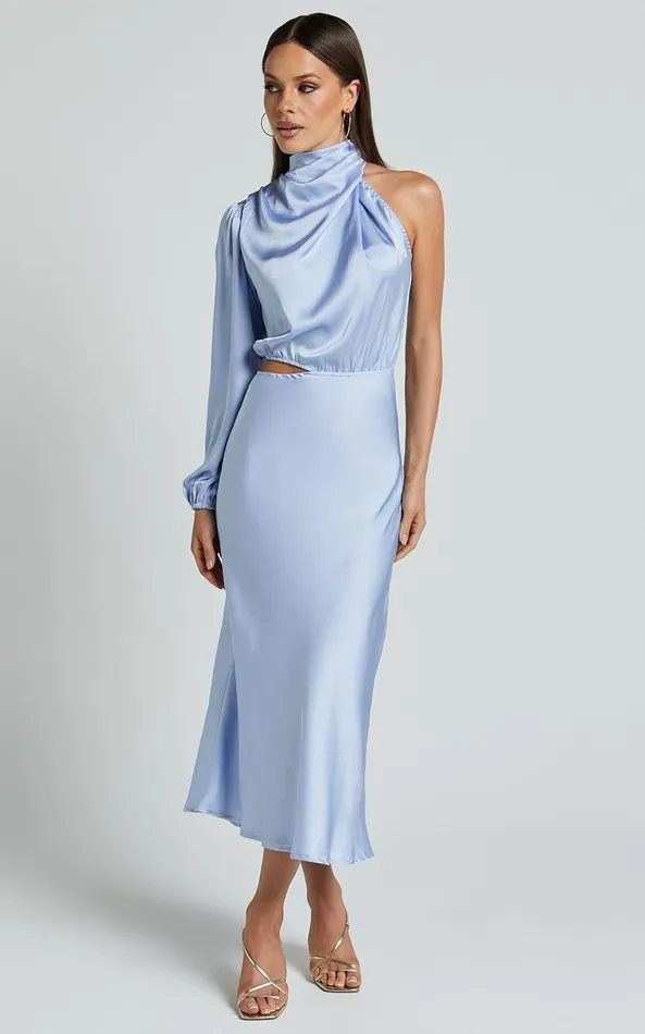 Showpo Marcela Midi Dress 8211 Drape Neck One Sleeve Satin Bias Cut Dress In Light Blue Women Dresses