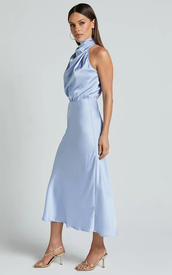 Showpo Marcela Midi Dress 8211 Drape Neck One Sleeve Satin Bias Cut Dress In Light Blue Women Dresses