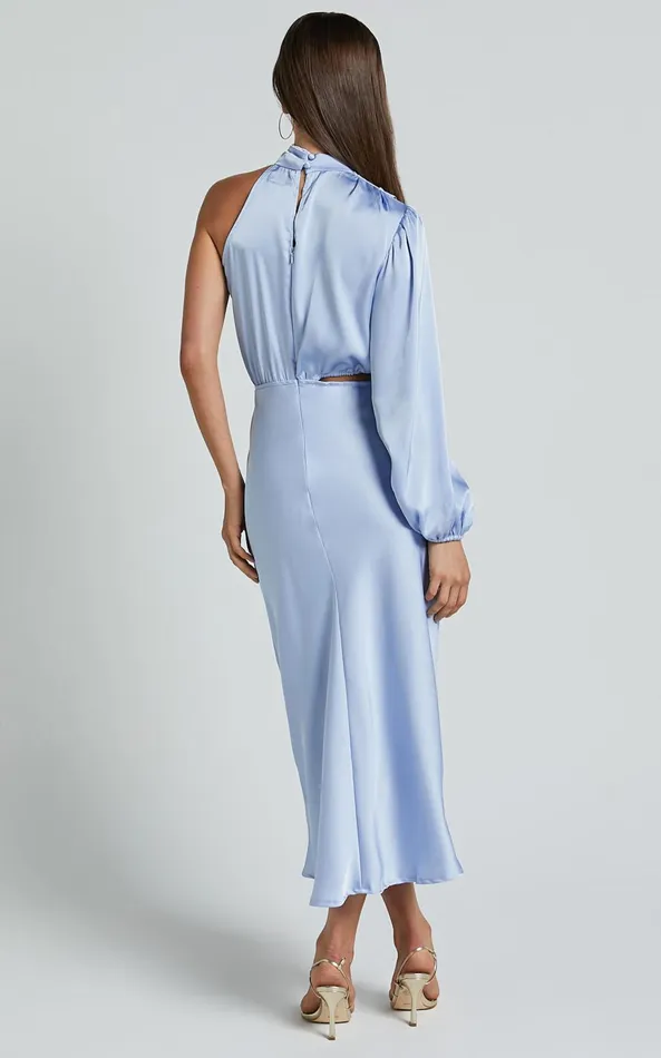 Showpo Marcela Midi Dress 8211 Drape Neck One Sleeve Satin Bias Cut Dress In Light Blue Women Dresses