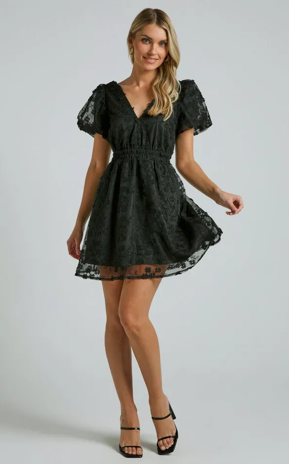 Showpo Marciana Mini Dress 8211 V Neck Puff Sleeve With Lace Dress In Black Women Dresses