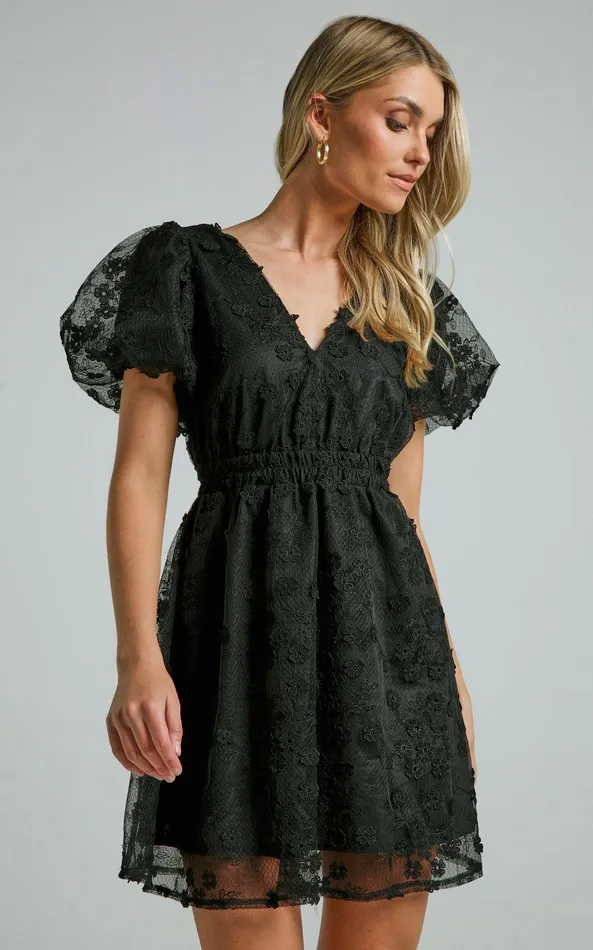 Showpo Marciana Mini Dress 8211 V Neck Puff Sleeve With Lace Dress In Black Women Dresses