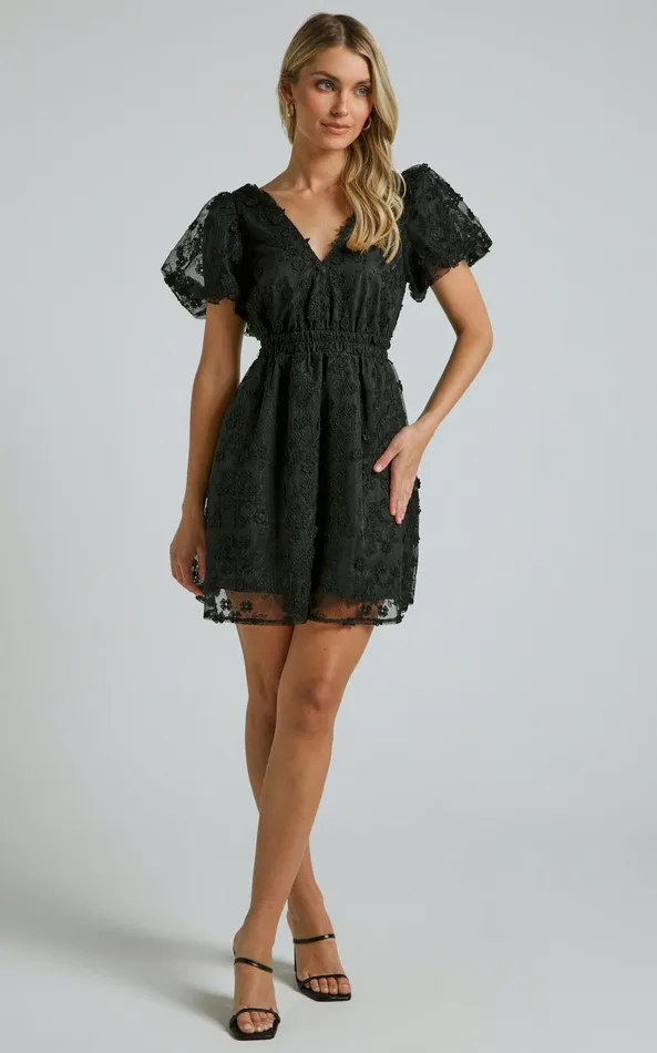 Showpo Marciana Mini Dress 8211 V Neck Puff Sleeve With Lace Dress In Black Women Dresses