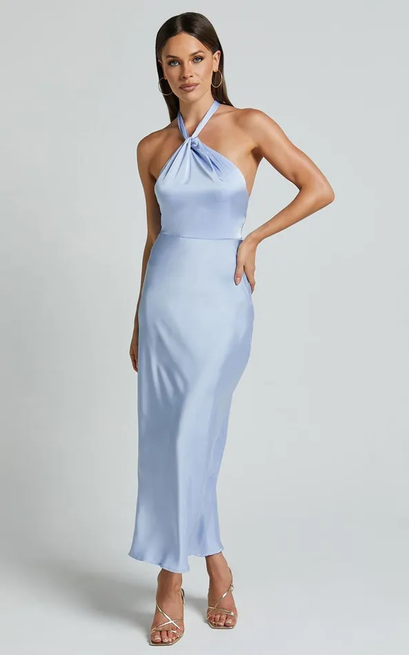 Showpo Marcie Midi Dress 8211 Knot Detail Halter Satin Bias Cut Dress In Light Blue Women Dresses Showpo Marcie Midi Dress 8211 Knot Detail Halter Satin Bias Cut Dress In Light Blue Women Dresses