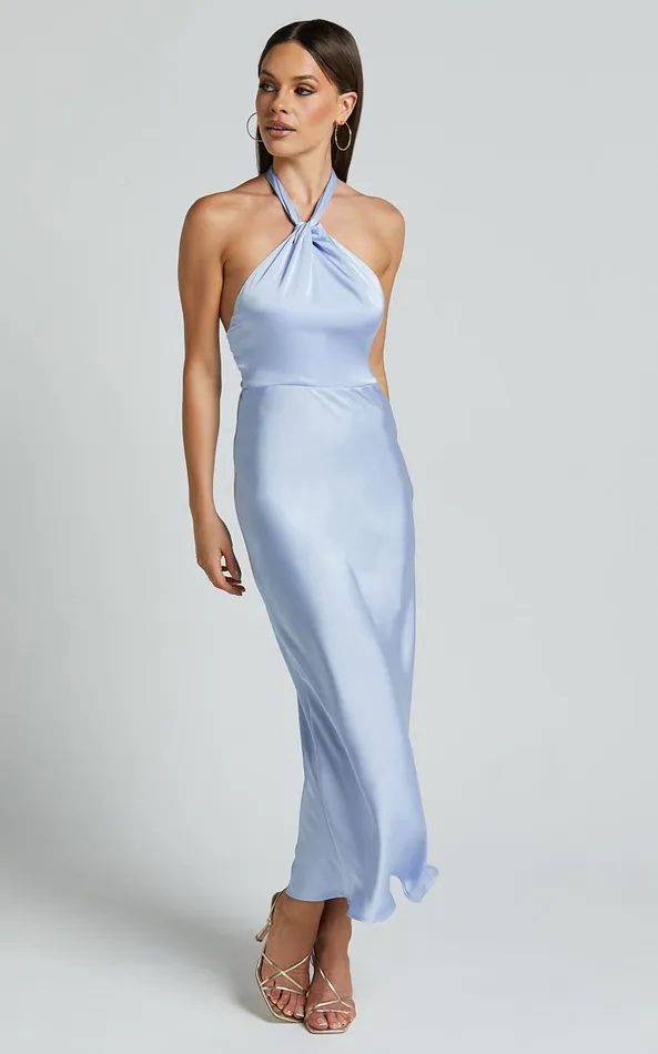 Showpo Marcie Midi Dress 8211 Knot Detail Halter Satin Bias Cut Dress In Light Blue Women Dresses