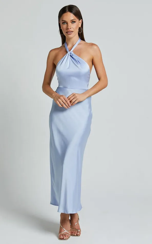 Showpo Marcie Midi Dress 8211 Knot Detail Halter Satin Bias Cut Dress In Light Blue Women Dresses