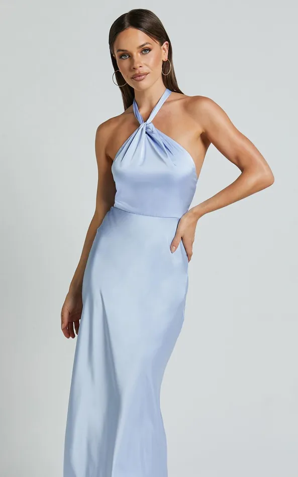 Showpo Marcie Midi Dress 8211 Knot Detail Halter Satin Bias Cut Dress In Light Blue Women Dresses