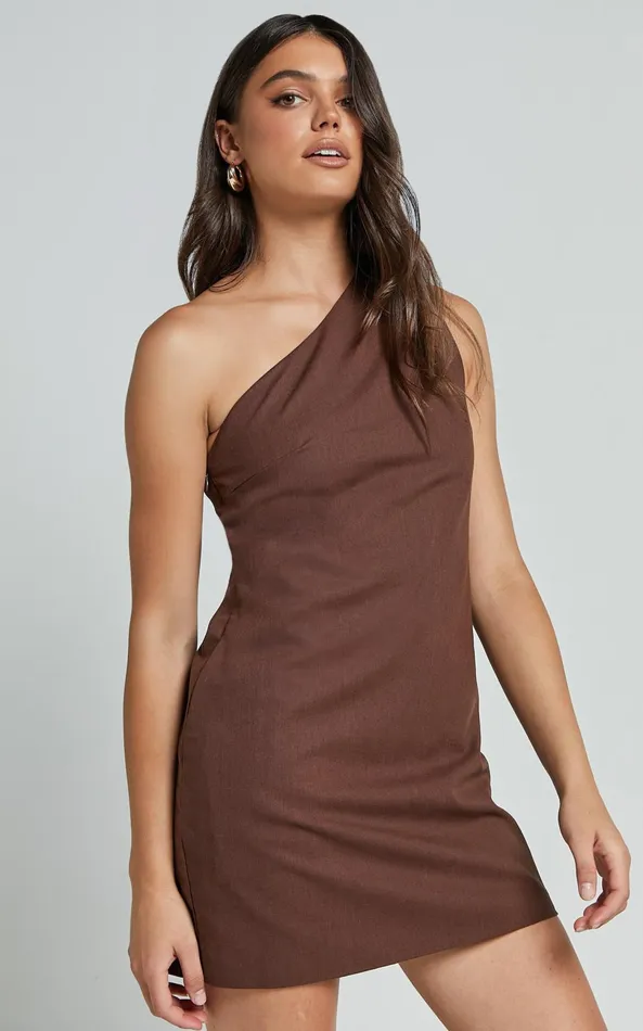 Showpo Mardelle Mini Dress 8211 Linen Look One Shoulder Shift Dress In Chocolate Women Dresses