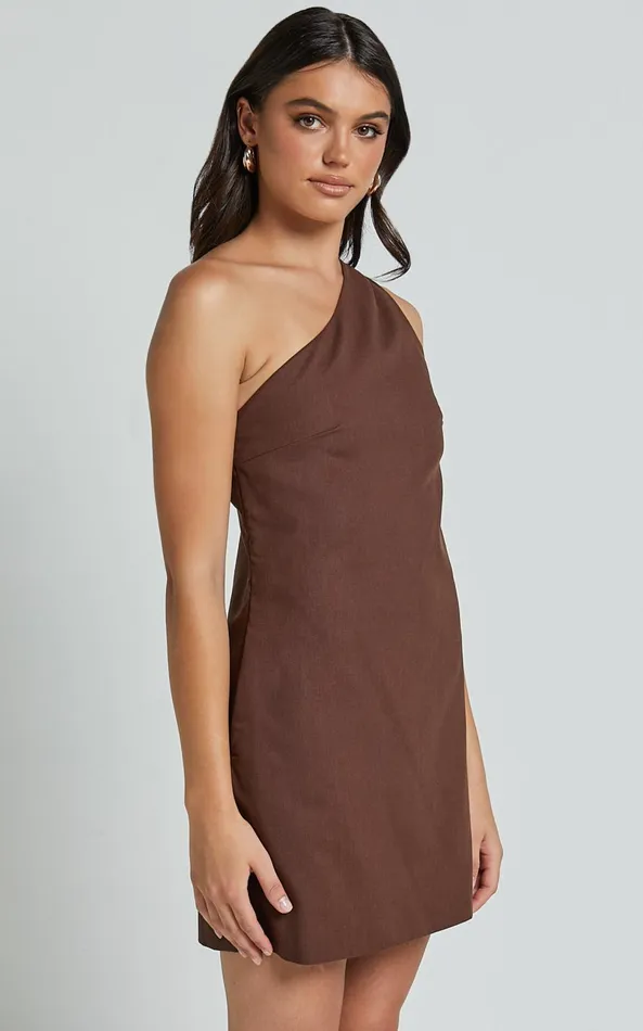Showpo Mardelle Mini Dress 8211 Linen Look One Shoulder Shift Dress In Chocolate Women Dresses