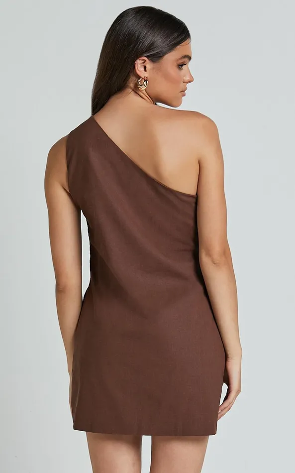 Showpo Mardelle Mini Dress 8211 Linen Look One Shoulder Shift Dress In Chocolate Women Dresses