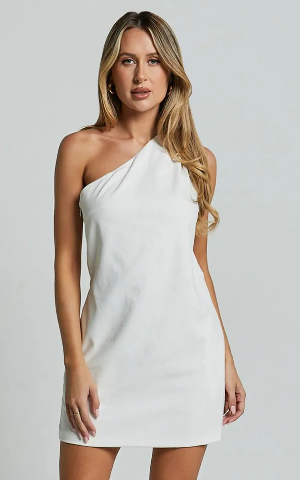 Showpo Mardelle Mini Dress 8211 Linen Look One Shoulder Shift Dress In White Women Dresses