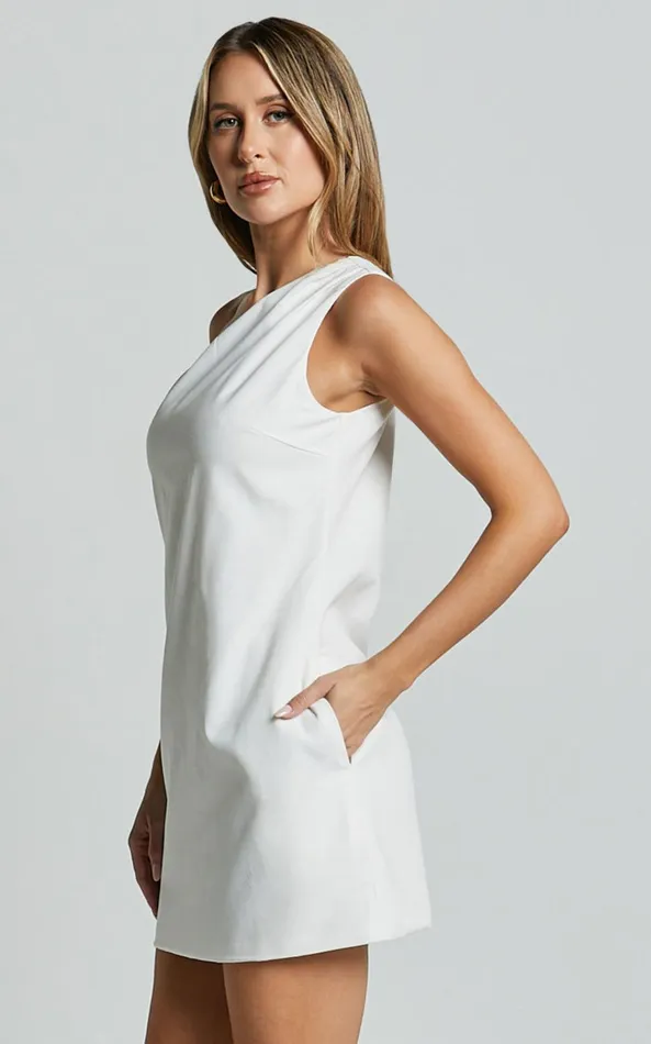 Showpo Mardelle Mini Dress 8211 Linen Look One Shoulder Shift Dress In White Women Dresses