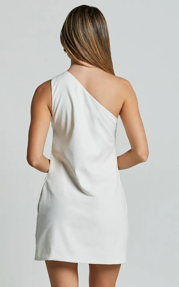 Showpo Mardelle Mini Dress 8211 Linen Look One Shoulder Shift Dress In White Women Dresses