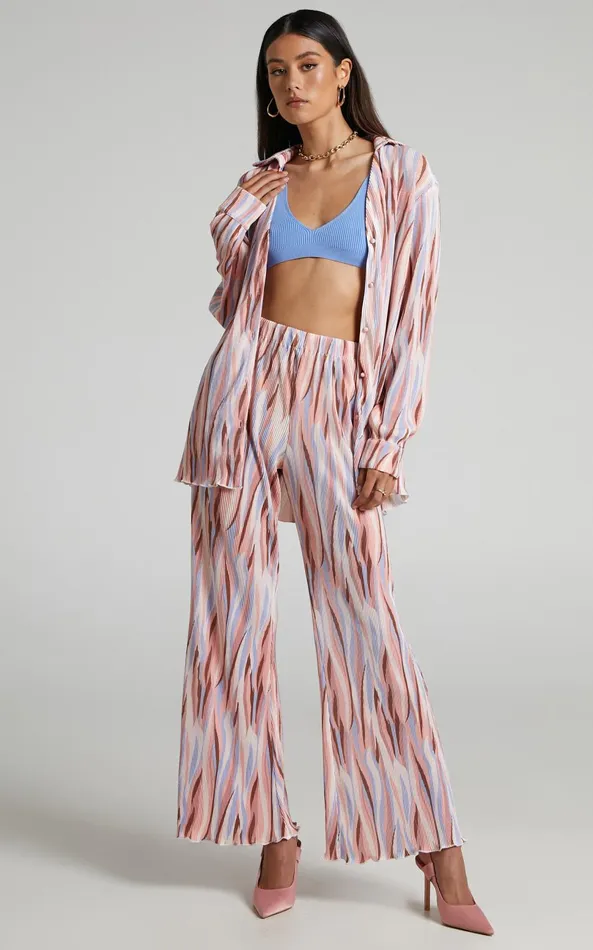 Showpo Marfy 8211 Mid Rise Abstract Print Flared Plisse Pant In Multi Women Pants Showpo Marfy 8211 Mid Rise Abstract Print Flared Plisse Pant In Multi Women Pants