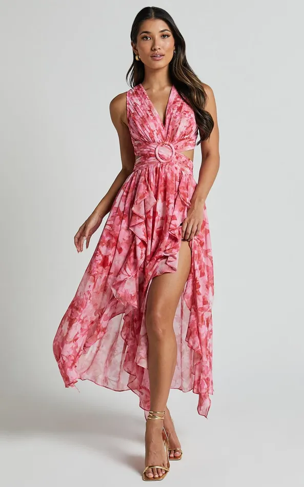 Showpo Marga Maxi Dress 8211 Plunge Ruffle Detail Cut Out Dress In Petal Paradise Women Dresses