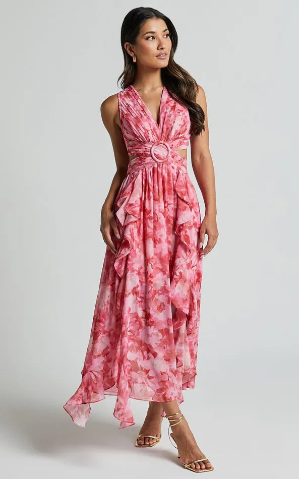 Showpo Marga Maxi Dress 8211 Plunge Ruffle Detail Cut Out Dress In Petal Paradise Women Dresses