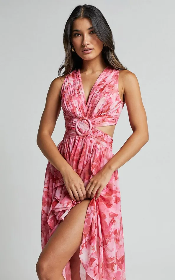 Showpo Marga Maxi Dress 8211 Plunge Ruffle Detail Cut Out Dress In Petal Paradise Women Dresses