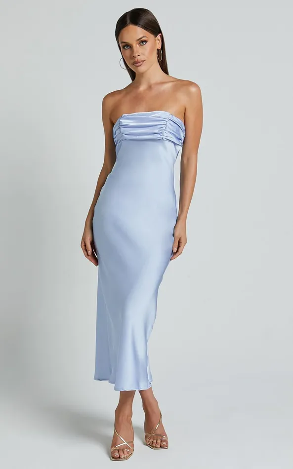 Showpo Margot Midi Dress 8211 Gathered Bust Detail Strapless Satin Bias Cut Dress In Light Blue Women Dresses Showpo Margot Midi Dress 8211 Gathered Bust Detail Strapless Satin Bias Cut Dress In Light Blue Women Dresses