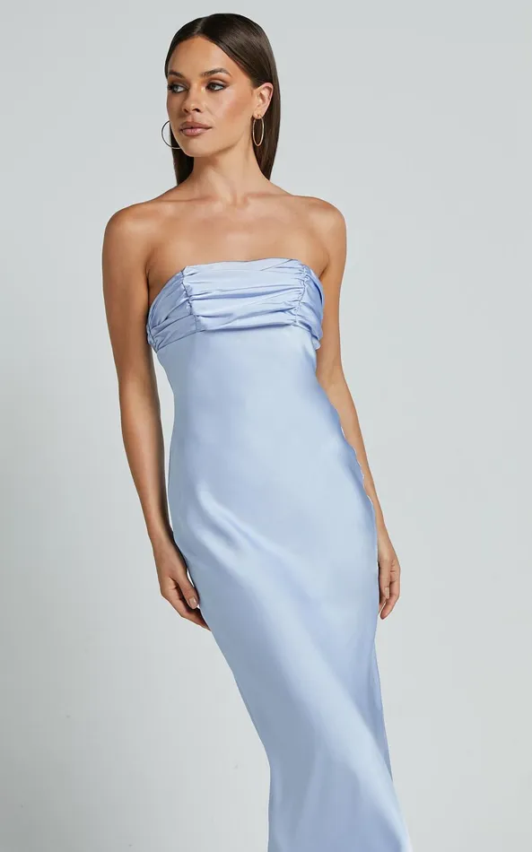 Showpo Margot Midi Dress 8211 Gathered Bust Detail Strapless Satin Bias Cut Dress In Light Blue Women Dresses