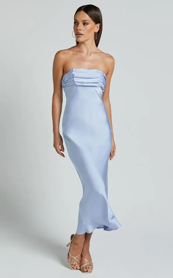 Showpo Margot Midi Dress 8211 Gathered Bust Detail Strapless Satin Bias Cut Dress In Light Blue Women Dresses