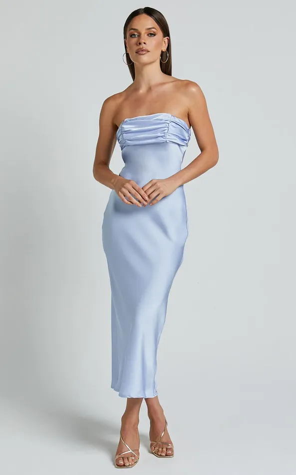 Showpo Margot Midi Dress 8211 Gathered Bust Detail Strapless Satin Bias Cut Dress In Light Blue Women Dresses