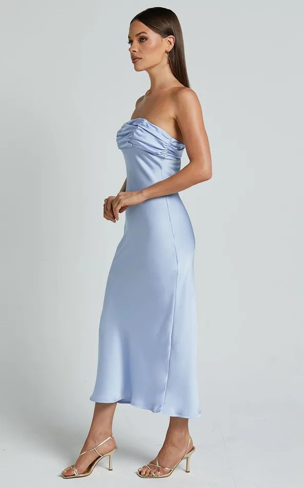 Showpo Margot Midi Dress 8211 Gathered Bust Detail Strapless Satin Bias Cut Dress In Light Blue Women Dresses