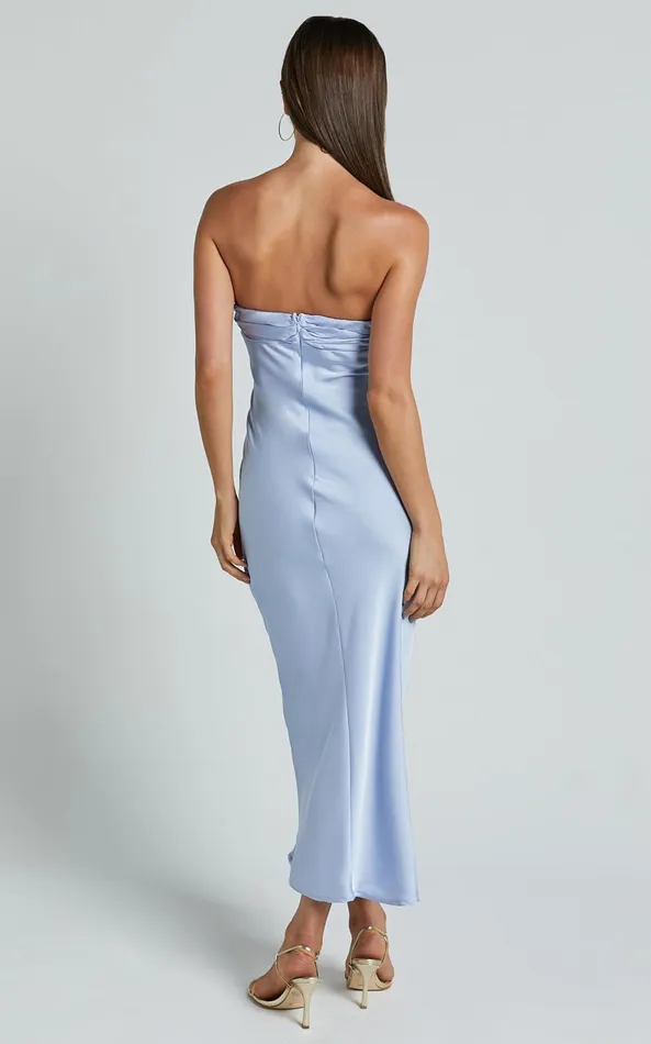 Showpo Margot Midi Dress 8211 Gathered Bust Detail Strapless Satin Bias Cut Dress In Light Blue Women Dresses
