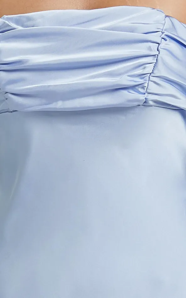 Showpo Margot Midi Dress 8211 Gathered Bust Detail Strapless Satin Bias Cut Dress In Light Blue Women Dresses