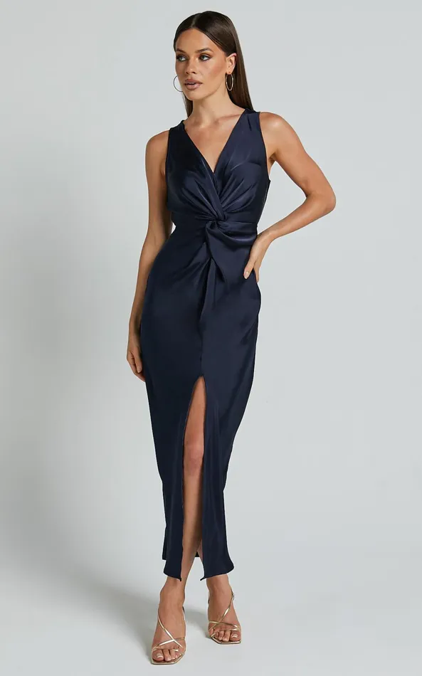 Showpo Mariah Maxi Dress 8211 Twist Detail Wrap Hem Satin Dress In Midnight Blue Women Dresses