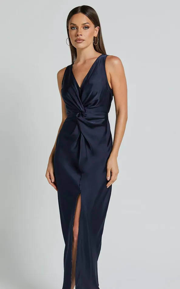 Showpo Mariah Maxi Dress 8211 Twist Detail Wrap Hem Satin Dress In Midnight Blue Women Dresses