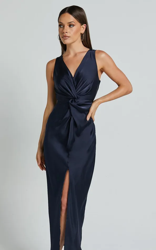 Showpo Mariah Maxi Dress 8211 Twist Detail Wrap Hem Satin Dress In Midnight Blue Women Dresses