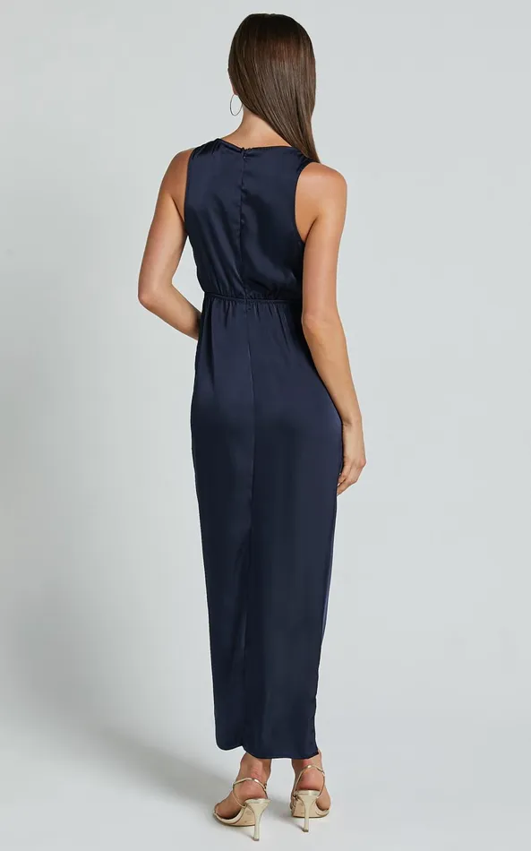 Showpo Mariah Maxi Dress 8211 Twist Detail Wrap Hem Satin Dress In Midnight Blue Women Dresses