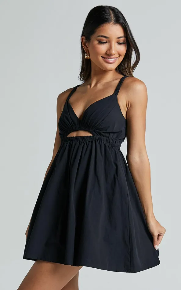 Showpo Marie Mini Dress 8211 Strappy V Neck Front Cut Out A Line In Black Women Dresses