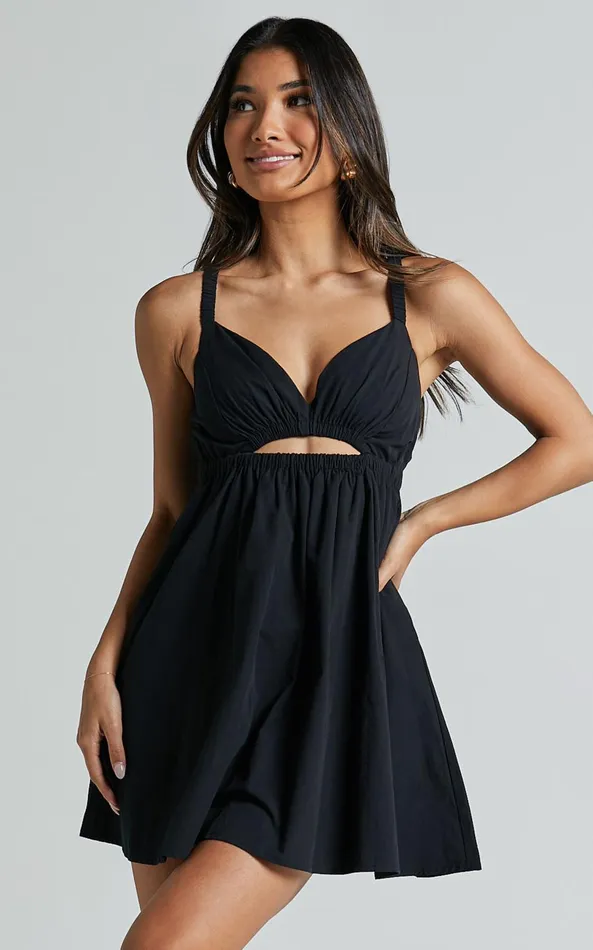 Showpo Marie Mini Dress 8211 Strappy V Neck Front Cut Out A Line In Black Women Dresses