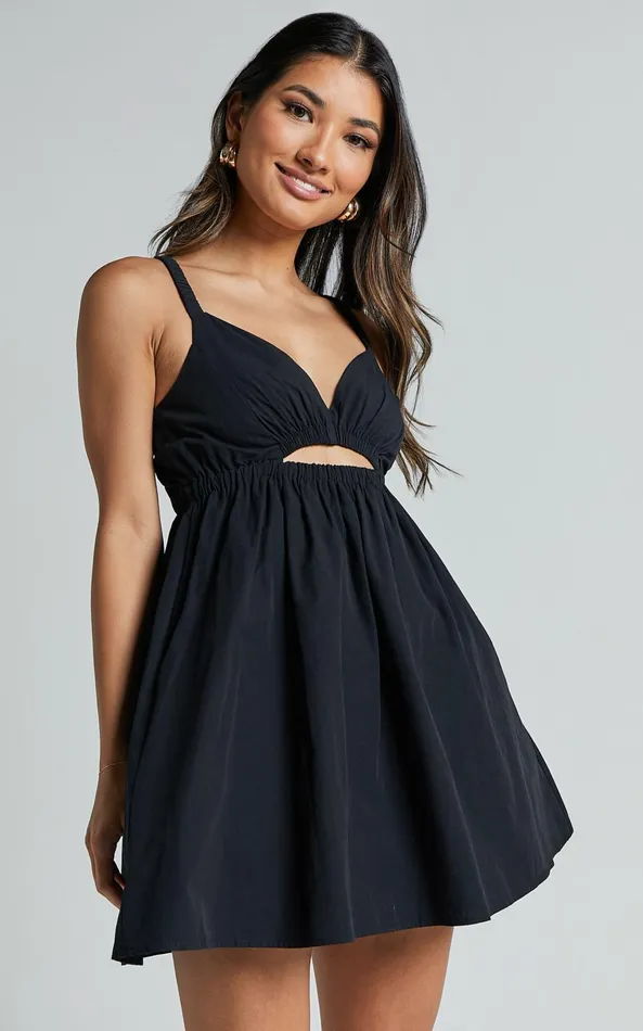 Showpo Marie Mini Dress 8211 Strappy V Neck Front Cut Out A Line In Black Women Dresses