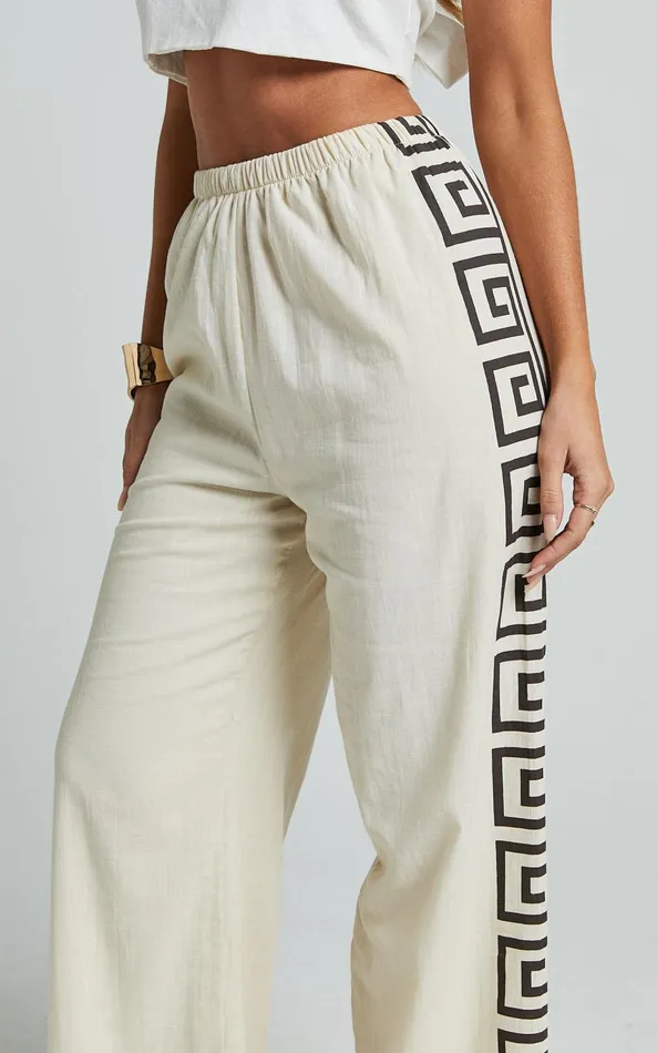 Showpo Marie Pants 8211 Elasticated Linen Look Pants In Beige Geo Women Pants