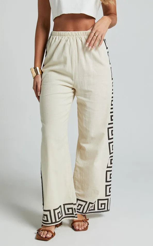 Showpo Marie Pants 8211 Elasticated Linen Look Pants In Beige Geo Women Pants