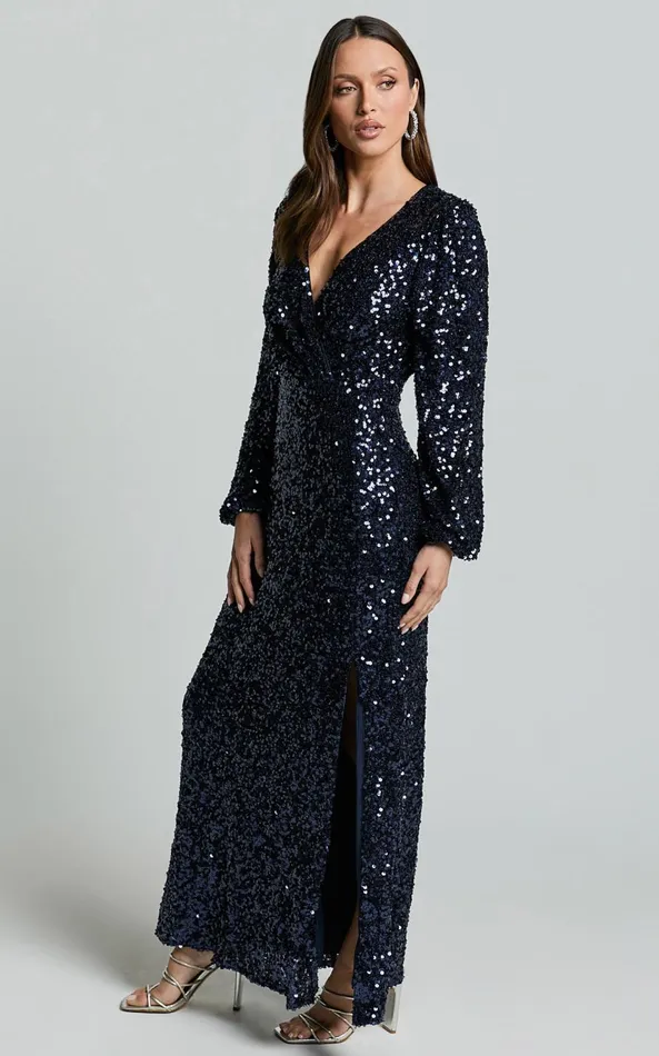 Showpo Mariella Midi Dress 8211 Sequin Long Sleeve Thigh Split Dress In Navy Women Dresses