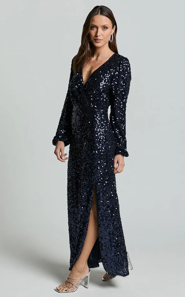 Showpo Mariella Midi Dress 8211 Sequin Long Sleeve Thigh Split Dress In Navy Women Dresses