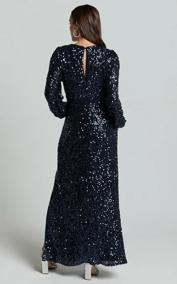 Showpo Mariella Midi Dress 8211 Sequin Long Sleeve Thigh Split Dress In Navy Women Dresses