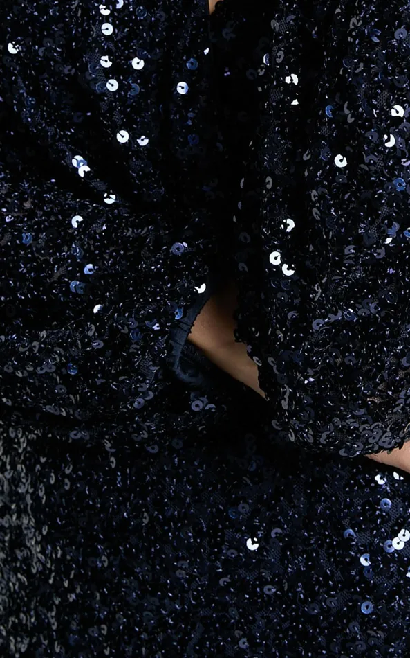 Showpo Mariella Midi Dress 8211 Sequin Long Sleeve Thigh Split Dress In Navy Women Dresses