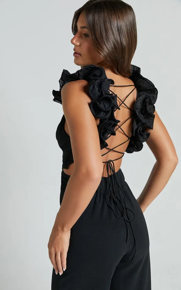Showpo Marielly Jumpsuit 8211 Tie Back Jumpsuit With Ruffle Detail Sleeve In Black Women Jumpsuits