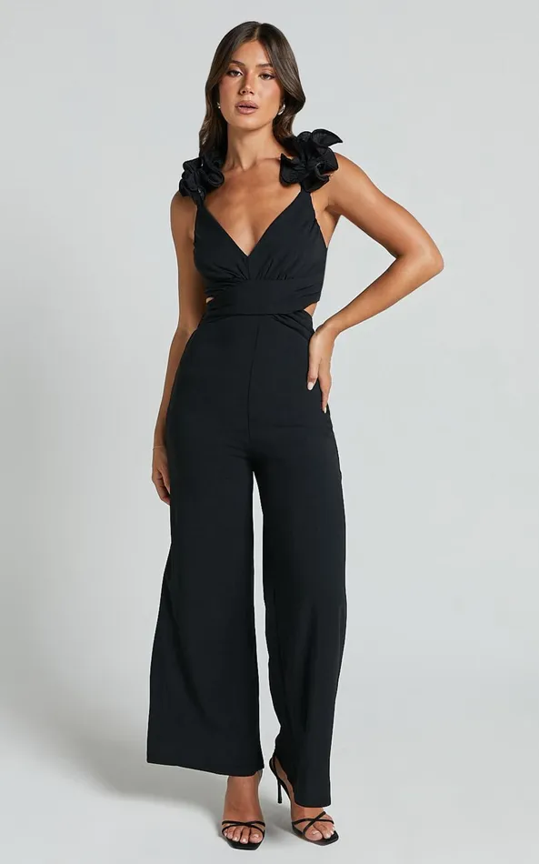 Showpo Marielly Jumpsuit 8211 Tie Back Jumpsuit With Ruffle Detail Sleeve In Black Women Jumpsuits