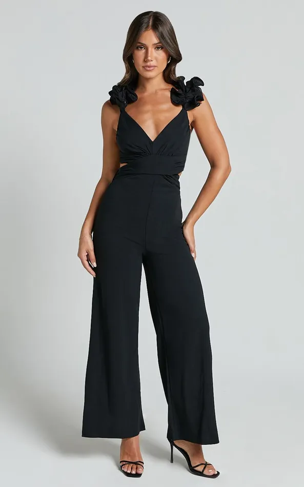 Showpo Marielly Jumpsuit 8211 Tie Back Jumpsuit With Ruffle Detail Sleeve In Black Women Jumpsuits